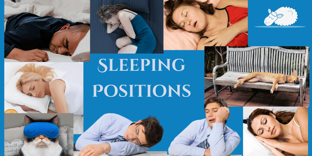 Image shows different ways of sleeping including - side sleeping, curling up in a foetal position, front sleeping, back sleeping and sleep sitting upright